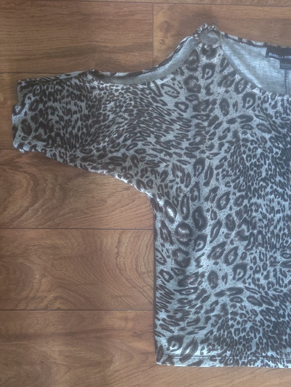 Y2K Animal Print Cutout Cold Shoulder Dolman Sleeve Knit Top Large Gray Brown - Picture 8 of 11